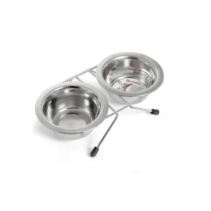 Bebedouro / Comedouro de Inox Duplo C/Suporte - 13,5cm X 350ml