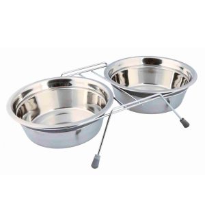Bebedouro / Comedouro de Inox Duplo C/Suporte -16,5cm X 750ml